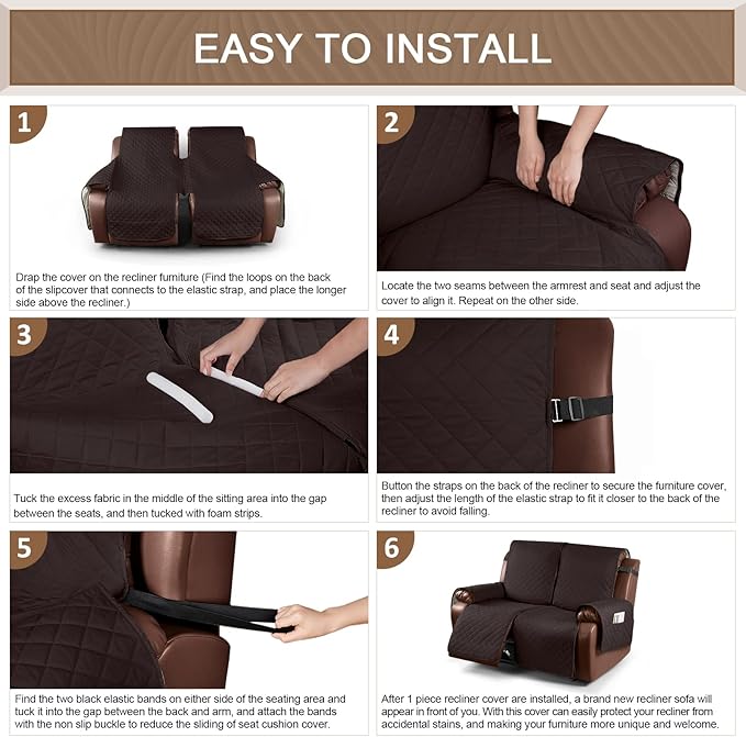 KinCam Waterproof Oversized Loveseat Recliner Cover, Non-Slip Reclining Couch Covers for 2 Seat, Recliner Sofa Cover Furniture Protector with Elastic Straps for Kids, Pets, Chocolate