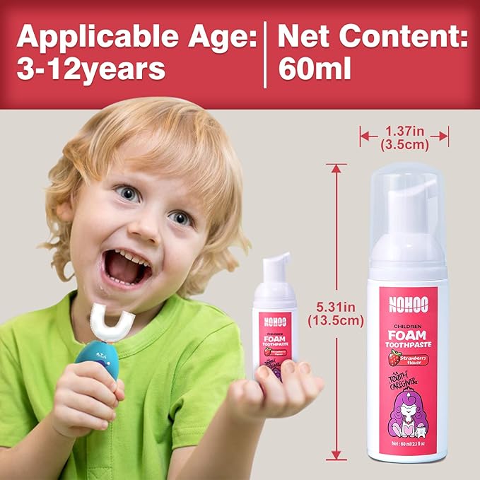 NOHOO Kids Foam Toothpaste with Fruit Flavor,Fluoride Free Natural Formul, Foam Toothpaste for Electric Toothbrush,Suitable for Toddler's Oral Cleaning and Cavity Prevention (2Strawberry+2Orange)