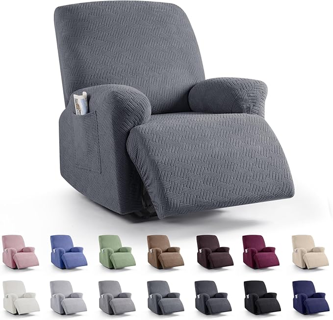 KinCam Recliner Covers, Stretch Reclining Chair Covers, Recliner Sofa Slipcovers Stripe Jacquard Recliner Couch Covers Furniture Protector Covers for Pet Kid (1 Seater, Dark Gray)