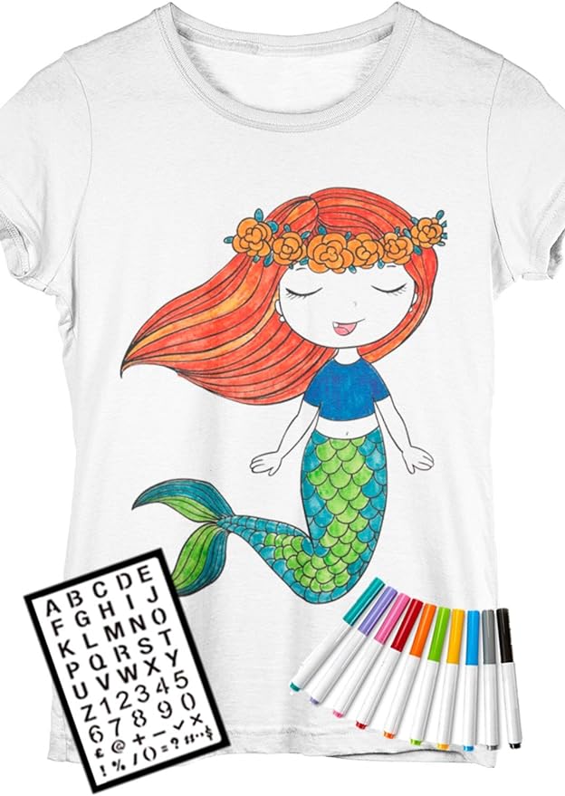 Mermaid Coloring Kit for Girls - DIY with Shirt, 10 Fabric Markers and Alphabet Stencil
