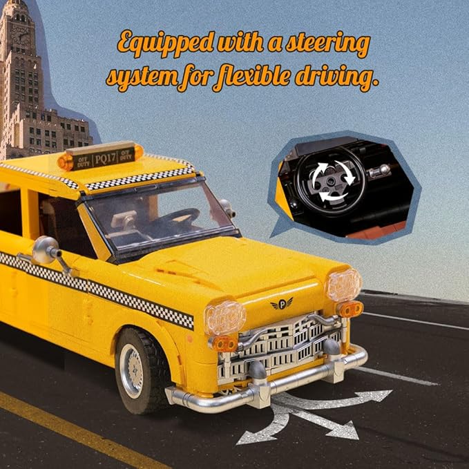 Classic 1980s New York Taxi Building Set, Retro New Yorker City Construction Set with Taxi, Traffic Light, Movable Kits – Perfect for Model Collectors, Building Enthusiasts, and Gift Ideas