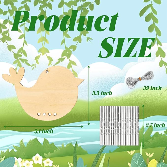 4pcs DIY Wooden Bird Wind Chime Crafts for Kids with Paint Kit Rhinestone Flower Stickers Summer Arts and Crafts for Kids 3 and Up