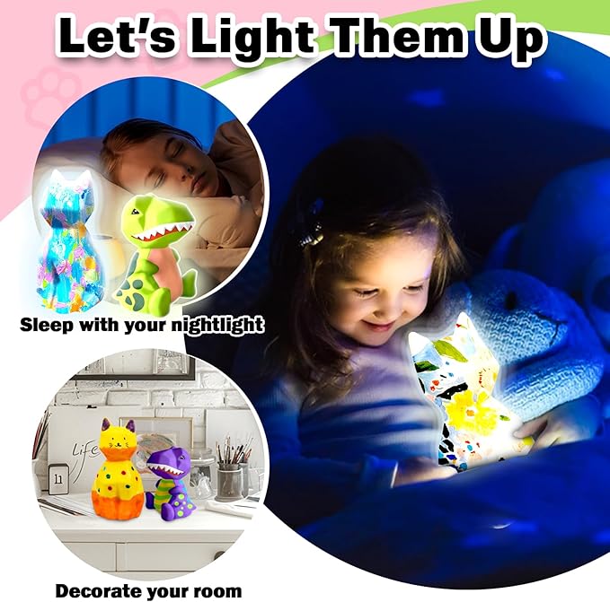 FUNZBO 2Pcs Paint Your Own Dinosaur & Cat Lamp Kit - Arts and Crafts for Kids Teens Adults, Art Supplies Painting Kits for Kids, Toys for Girls Boys Halloween Birthday Gift Ages 3+