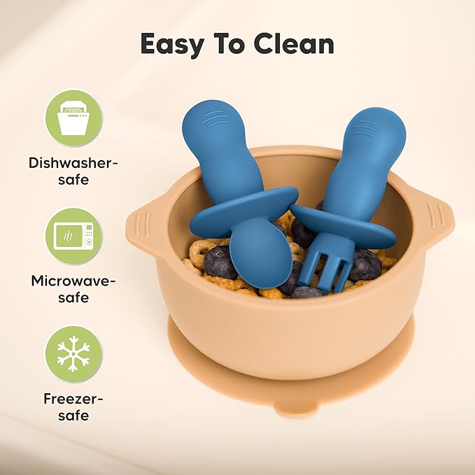 KeaBabies 4-Pack Silicone Baby Spoons and Forks Set - Baby Spoon Self Feeding, BLW Baby Utensils 6-12 Months, Baby Led Weaning Feeding Spoon, Teething Infant Baby First Food Training Pre Spoon (Kea)