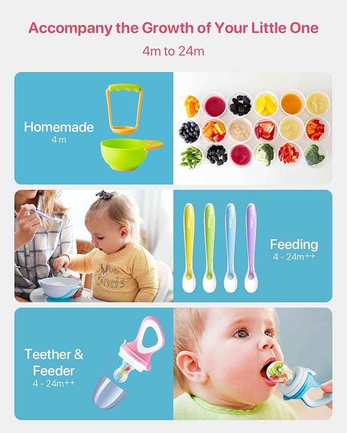 Food Feeder Baby Fresh Fruit Feeder (2 Pack) with 3 Different Sized Silicone Pacifiers, Mash and Serve Bowl with 4 Soft-Tip Silicone Baby Spoons, Perfect Baby First Stage Feeding Set by MICHEF