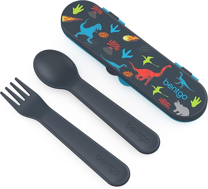 Bentgo Kids Utensil Set - Reusable Plastic Fork, Spoon & Storage Case - BPA-Free Materials, Easy-Grip Handles, Dishwasher Safe - Ideal for School Lunch, Travel, & Outdoors (Dinosaur)