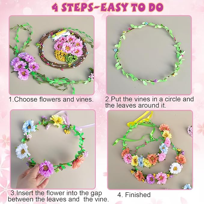 WUBOMJIO Make Your Own Flower Crown Crafting Kit(Daisy Theme)| 120+Piece Set for Endless Creativity | Gift for Creative Girls Age 6-10+