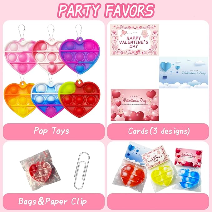 48 Packs Valentines Day Cards for Kids, Heart Pop Valentines Fidget Toys Bulk Stress Relief Fidget Toys for Kids Valentine's Party Favors School Classroom Exchange Gifts，Valentine's Day Gift