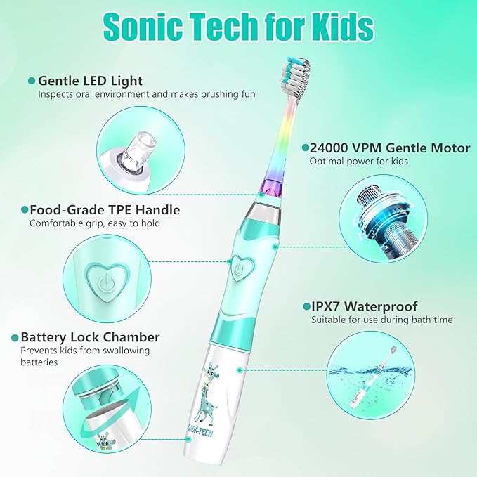 Kids Electric Toothbrush Toddler Toothbrush Age 2-4-8-12 Electric Toothbrush Kids with Timer Rainbow LED Light Up Vibrating Toothbrush Battery Operated Childrens Sonic Tooth Brush (Green Giraffe)