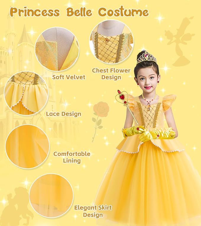 Princess Dress Up Clothes for Little Girls, Belle Costume Dress with Accessories for Birthday Party Cosplay Halloween