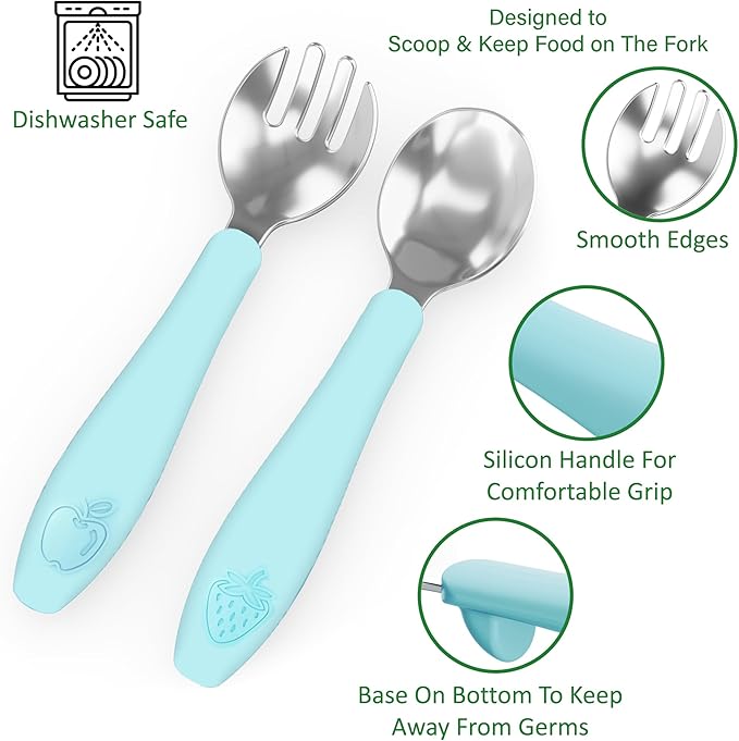 CHILLOUT LIFE Toddler Utensils, Kids Silverware with Silicone Handle, Stainless Steel Metal Toddler Forks and Spoons Safe Baby Cutlery Set for Self Feeding BPA Free Dishwasher Safe - 12 Piece