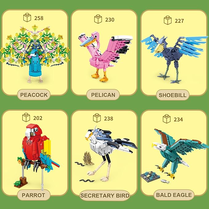 KAZI Bird Building Toy Set,Parrot,Peacock,Fun Building Blocks for Kids Ages 8 and Up,Build and Display Birds Model for Bird Enthusiasts,Easter Basket Stuffers,Gift for Birds Lovers,Party Favors