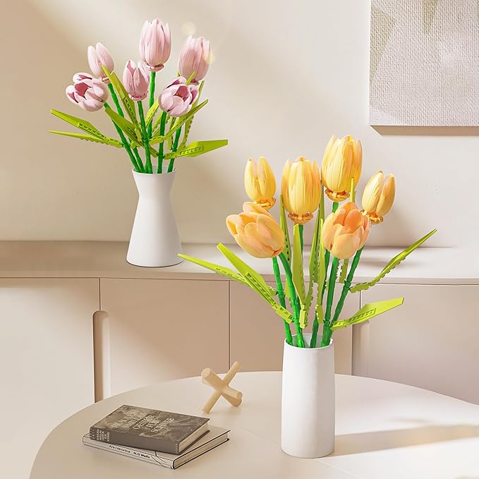 Flower Bouquet Building Toy Set Tulips, Botanical Building Blocks for Adults Home Office Decor Pink Color
