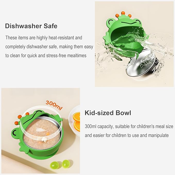 Suction Bowls Set for Baby Feeding，Yellow Duck Silicone Suction Baby Bowl and Food-Grade 304 Stainless Steel Bowl with Fork and Spoon,Dishwasher Safe