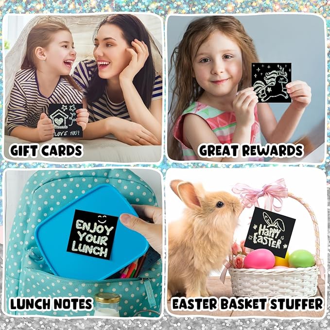 ZMLM Rainbow Scratch Art Paper Mini Note for Kids Gifts Ages 4-8 Bulk Craft Supplies for Teen Girls Boys Easter Basket Stuffers Birthday Classroom Party Games Toy Valentines Day Gift（Silver