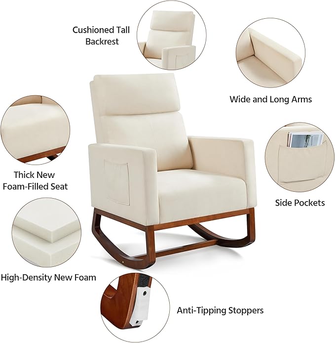 Yaheetech Rocking Chair, Modern Glider Chair, Recliner Armchair with Wood Legs and Side Pocket, Nursery Rocking Accent Chair with High Back for Living Room Bedroom, Beige