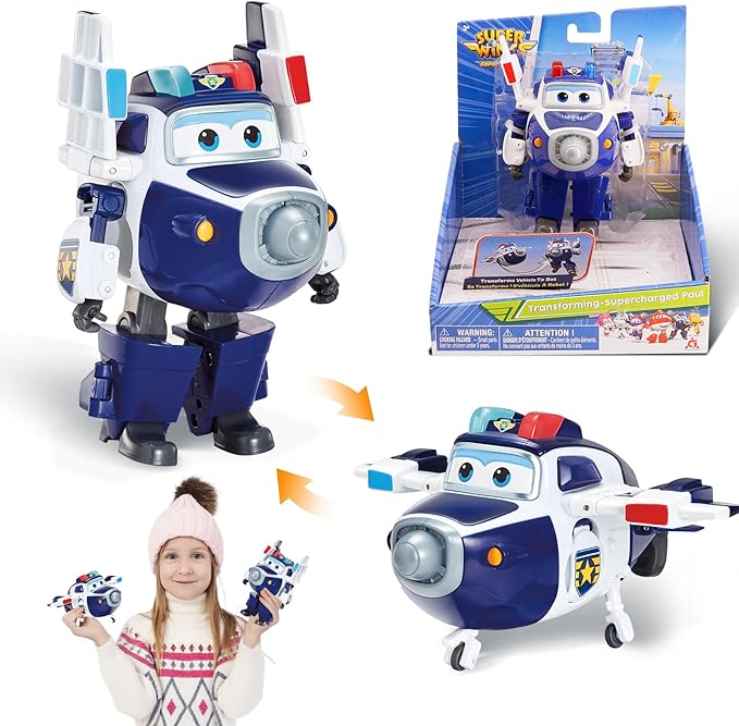 Super Wings 5" Transforming Supercharged Paul Airplane Toys Action Figure, Airplane to Robot in 10 Steps, Toy Plane for 3-5 Year Old Boys & Girls, Birthday Gifts for Preschool Kids