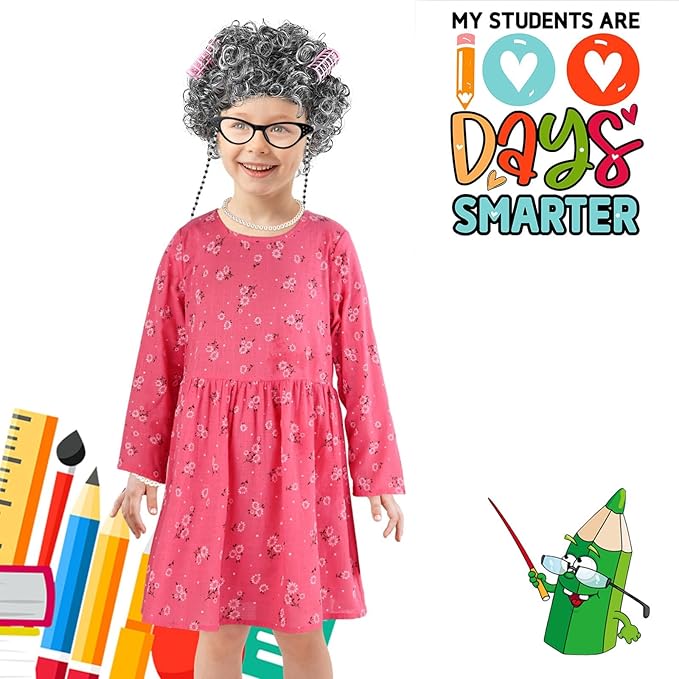 Old Lady Costume Kit Include Wig Floral Skirt Bucket Bag Glasses&Chain Cane for Halloween Granny Cosplay