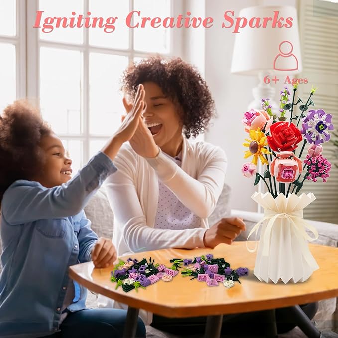 Compatible with Lego Flowers Bouquet, Flower Building Toy Set, Building Block Sets for Adults and 6+ Ages Kids, 530pcs Botanical Collection & Table Art, Gifts for Birthday and Christmas(White Vase)