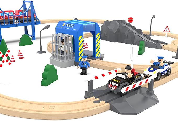 Wooden Train Tracks Accessories, Train Set Piece of Police Station Compatible with All Railroad Track Collection, Train Toys Expansion Pack for Kids Ages 3 and Up.