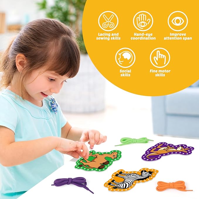 Aizweb Animal Lacing Cards,Sewing Kit for Toddlers, Fine Motor Skill Toys,Threading Toys for Preschoolers,Shoe Tying Practice Art and Craft for Kids Educational Kindergarten Learning Activities