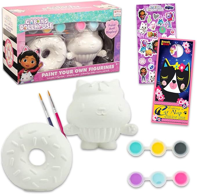 DreamWorks Gabby's Dollhouse Paint Your Own Figurines Set - Bundle with DIY Gabby's Dollhouse Painting Set Plus Stickers, More | Gabby's Dollhouse Painting Kit for Kids