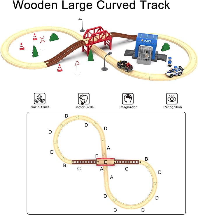 Wooden Train Set for Toddlers, 52Pcs Train Toy with Railway Track for Kids, Wooden Train Tracks Include Expansion Pack Compatible with Thomas, Brio, Chuggington