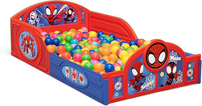 Delta Children - Marvel Spidey and His Amazing Friends 4-Piece Toddler Room-in-a-Box Set – Includes Sleep and Play Toddler Bed, Table, 1 Chair and Fabric Toy Box, Blue/Red