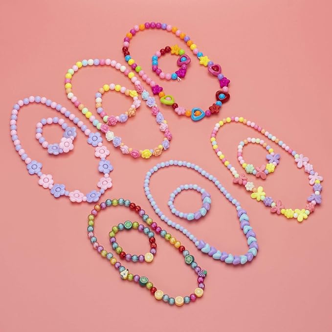 6 Sets Toddler Play Jewelry Beaded Necklace and Bracelet for Little Girls, Packaged in Gift Box, Dress up Necklace Bracelet Set Pretend Princess Jewelry for Kids, Jewelry Toy Gifts for Girls