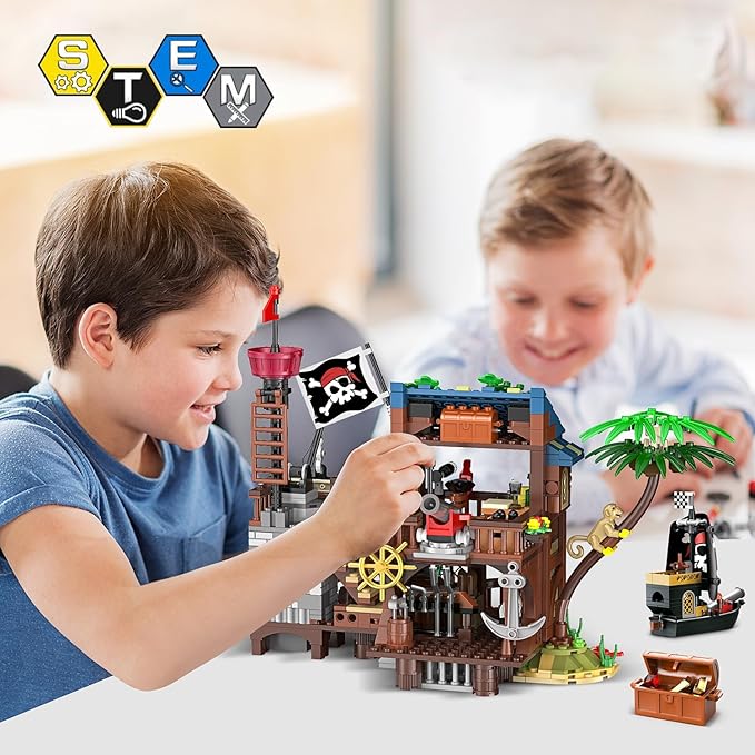HOGOKIDS Pirate Ship House Building Set with LED Light - 3 Style Modes Pirate Wharf Supply Center Building Block Set, 781PCS STEM Bricks Kit for Kids Girls Boys Ages 6-12+ Birthday Gifts