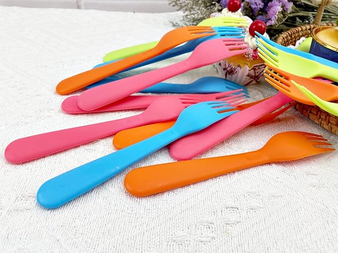 Jawbush 16Pcs Plastic Kids Forks, Reusable Toddler Utensils with Bright Colors, Durable Silversware Set for Lunch Box Camping or Travel, Easy Grips Both for Kids or Adults, BPA Free Dishwasher Safe