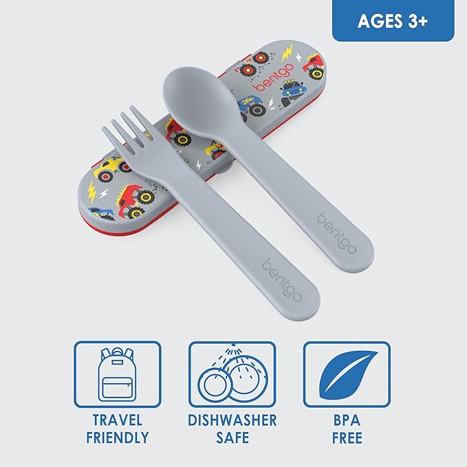 Bentgo Kids Utensil Set - Reusable Plastic Fork, Spoon & Storage Case - BPA-Free Materials, Easy-Grip Handles, Dishwasher Safe - Ideal for School Lunch, Travel, & Outdoors (Trucks)