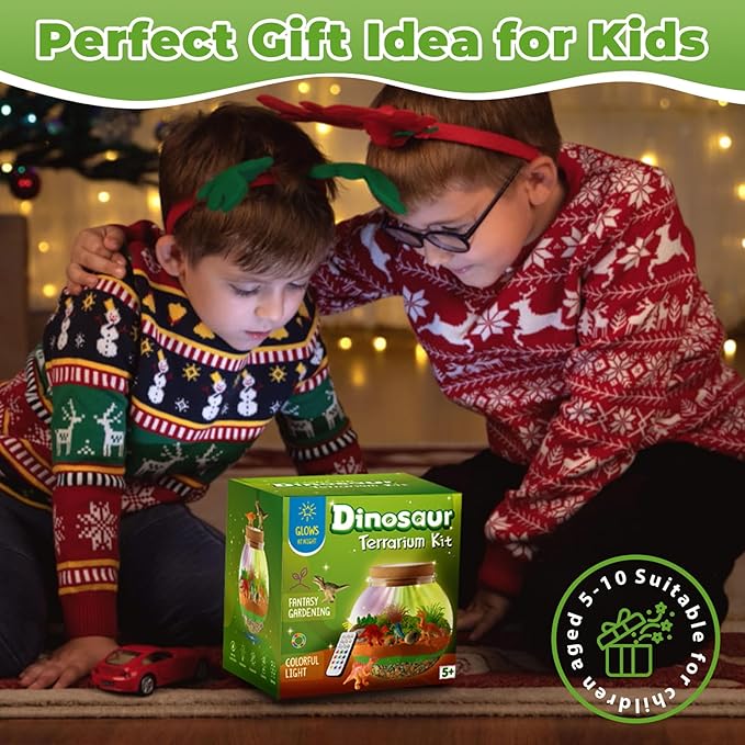 Dinosaur Gifts for Boys - Dinosaur Light-Up Terrarium Kit for Kids - Birthday Gift for Boys Ages 4 5 6 7 8-12 Year Old - DIY Dinosaur Toys for Boys - Arts and Crafts Kit for Kids