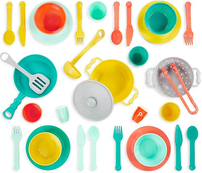 B. toys – Play Kitchen Accessories – Cookware, Dishes, Utensils – 33-Piece Play Set for Kids – Pretend Play Toys – 3 Years + – Mini Chef Kitchen Set