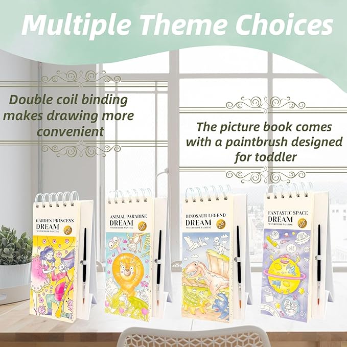 Watercolor Painting Book for Kids Ages 3-5, Water Painting Easel Book Comes with Brush,Toddler Painting Activities Ages 2-4, Art Craft Gift for Drawing (Dinosaur)