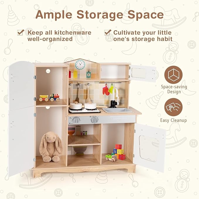 HOMGX Little Chef Toy Kitchen Set, Kids Kitchen Playset w/Microwave, Faucet, Stove, Realistic Light & Sound, Cookware Accessories, Toddlers Cooking Toyset, Gift for Boys Girls Age 3+