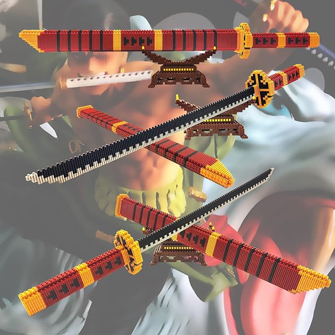 Cosplay Anime Swords Building Blocks, 22.8in One Piece Yamato Roronoa Zoro Katana Sword Building Set with Scabbard & Stand, Demon Slayer Samurai for Kid(1000+PCS)