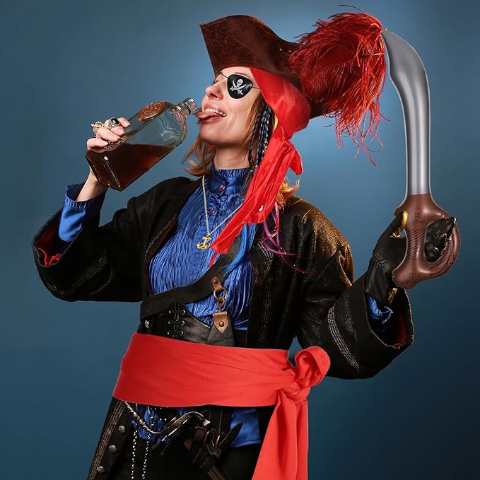 Halloween Pirate Costume Set, 8pcs Pirate Costume Accessories Including Eye Patch Red Kerchief Pirate Anchor Necklace Pirate Hook Red Cloth Belt Braided Bracelet for Kids Women