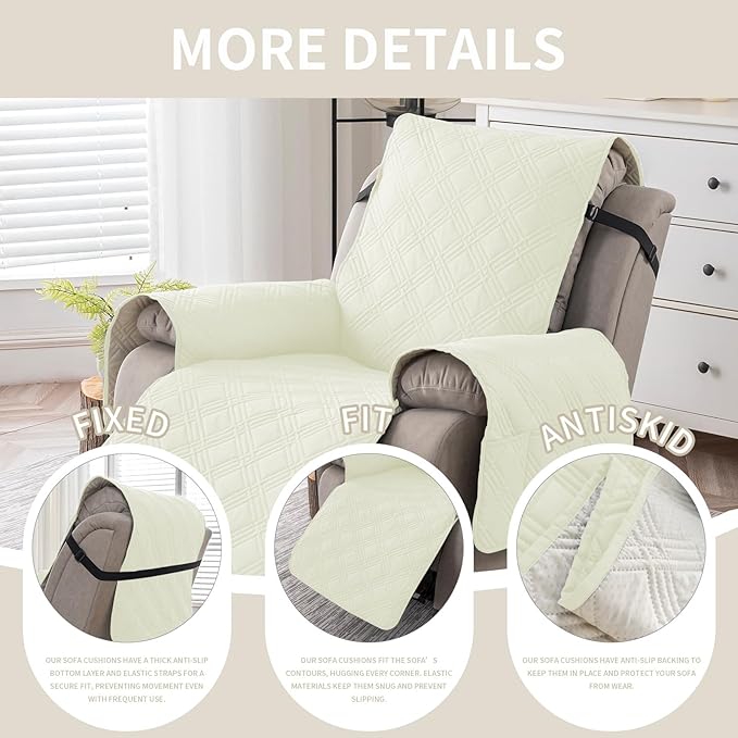 Easehomey 100% Waterproof Recliner Chair Covers, Non Slip Oversized Reclining Cover, Cover Furniture Protector Washable Chair Cover with Pocket,Elastic Straps for Kids,Pets,Dogs(Cream White,28")