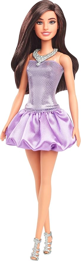 Barbie Fashionistas Doll #234 with Brown Hair, Wearing Sequined Purple Bubble Dress with Satiny Skirt, Silvery Necklace and Heels