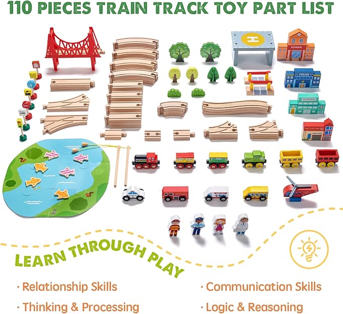 Tiny Land Train Set 110pcs Wooden Train Set, Toy Train for Boys & Girls with Wooden Train Track, Wooden Toys for 3-7 Years Old Toddlers & Kids, Railway Set Christmas Toys for Kids