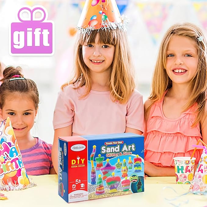 Shindel 36PCS Sand Art and Crafts for Kids, Arts and Crafts Activity Kit, 8 Shapes of Bottles, 10 Colored Sand Bags and 2 Glitter Sand, Great Staycation or Group Activity, Sandbox Toys