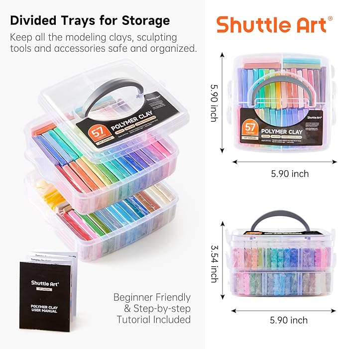 Polymer Clay, Shuttle Art 57 Colors Oven Bake Modeling Clay, Creative Clay Kit with 19 Clay Tools and 10 Kinds of Accessories, Non-Toxic, Non-Sticky, Ideal DIY Art Craft Clay Gift for Kids Adults