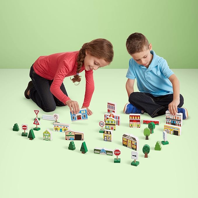 Melissa & Doug Wooden Town Play Set With Storage Tray (32 pcs) Pretend Play Wooden Town Set For Kids With Storage