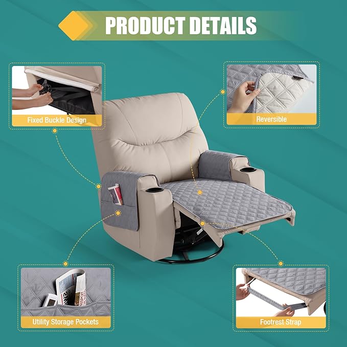 Ruaozz Waterproof Recliner Chair Covers Non Slip Chair Covers Washable Recliner Covers for Reclining Chair with Pockets Covers for Recliner Chair for Pets, Kids (Light Grey, Medium-25'')