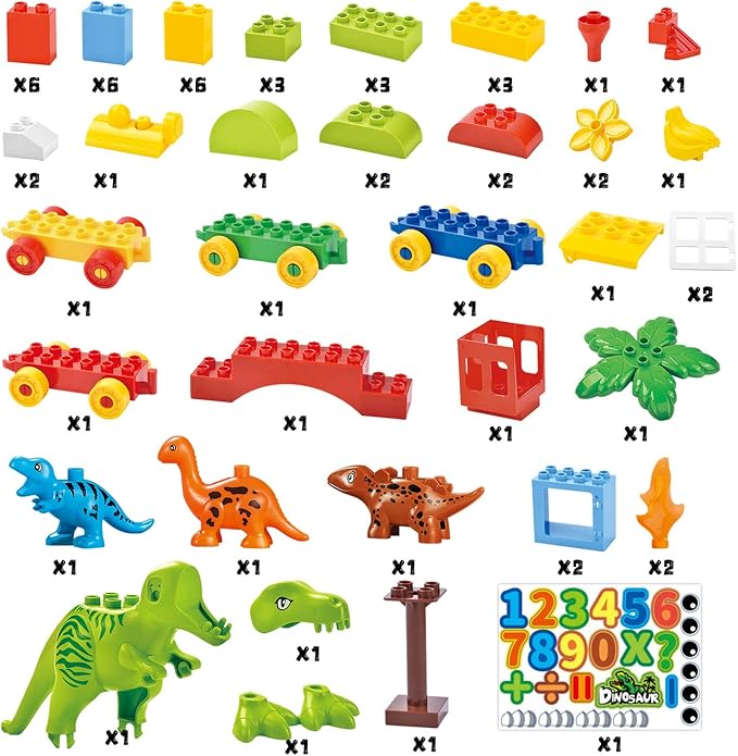 Dinosaur Building Blocks Toys,Jurassic Theme Building Blocks,With A Counting Train,A Big T-rex,and Three Dinosaurs,Compatible With All Major Brands, Gift For Kids Toddlers Boys Girls Age 3,4,5,6,7,8+