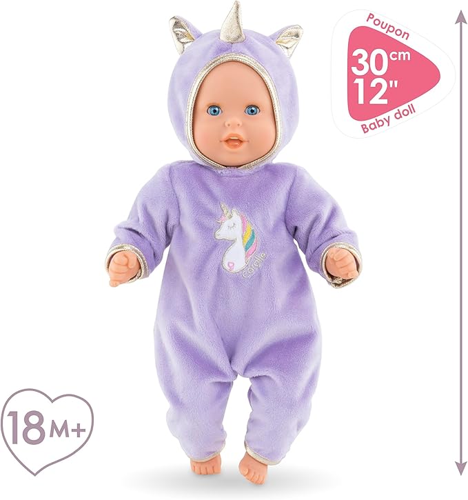 Corolle Bébé Calin Unicorn Boy Baby Doll - 12" Soft Body Doll with Purple Hooded Outfit, Sleeping Eyes Open and Close, Vanilla-Scented, for Ages 18 Months and up