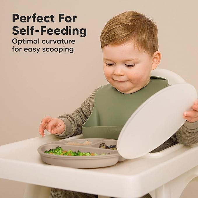 KeaBabies Suction Plates with Lids for Baby - 3-Pack 100% Silicone Suction Plates for Baby, Kids,Toddler Plates,Divided Baby Plates with Suction,Lids, BPA-Free, Microwave, Dishwasher Safe (Burgundy)