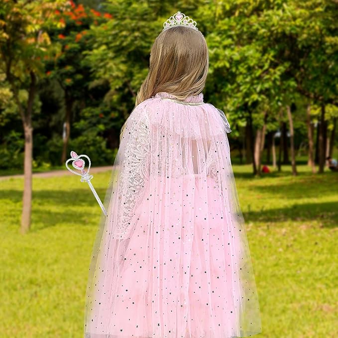 Princess Cape Set Dress Up Accessories Party Cosplay Cloak Costumes with Tiara Crown Wand Wig Golves for Little Girls