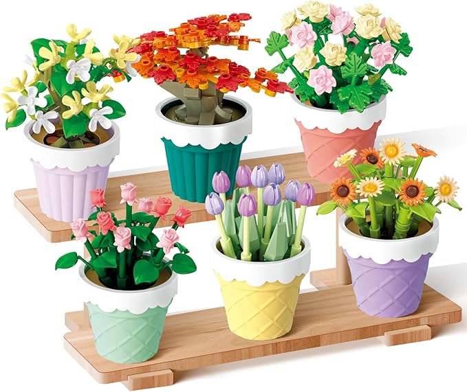 POKONBOY Flowers and Plants Bonsai Tree Building Sets, 6 Pack Botanical Collection Building Toys Creative Flowers Building Kits Home Decor Birthday Boys Girls 6+